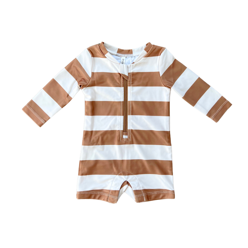 BABYSPROUTS: ONE-PIECE RASH GUARD UPF-50 SWIMSUIT - STRIPE IN TOFFEE