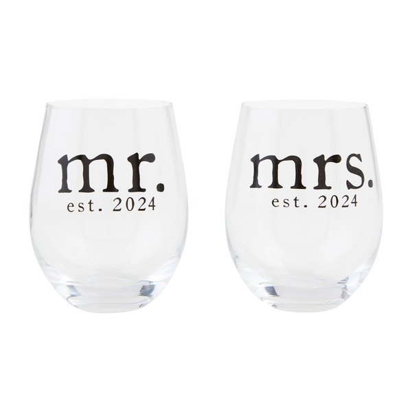 MUD PIE: MR & MRS EST 2024 STEMLESS WINE GLASS GIFT SET