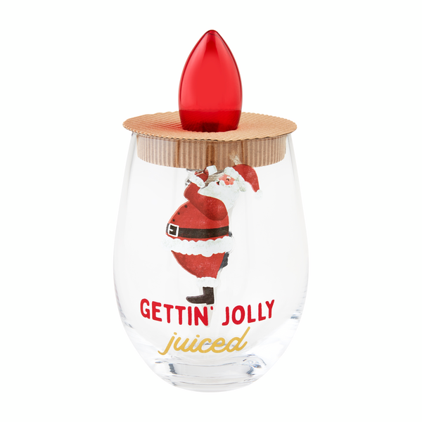 MUD PIE: SANTA “GETTIN’ JOLLY JUICED” WINE GLASS & LIGHT-UP STOPPER SET