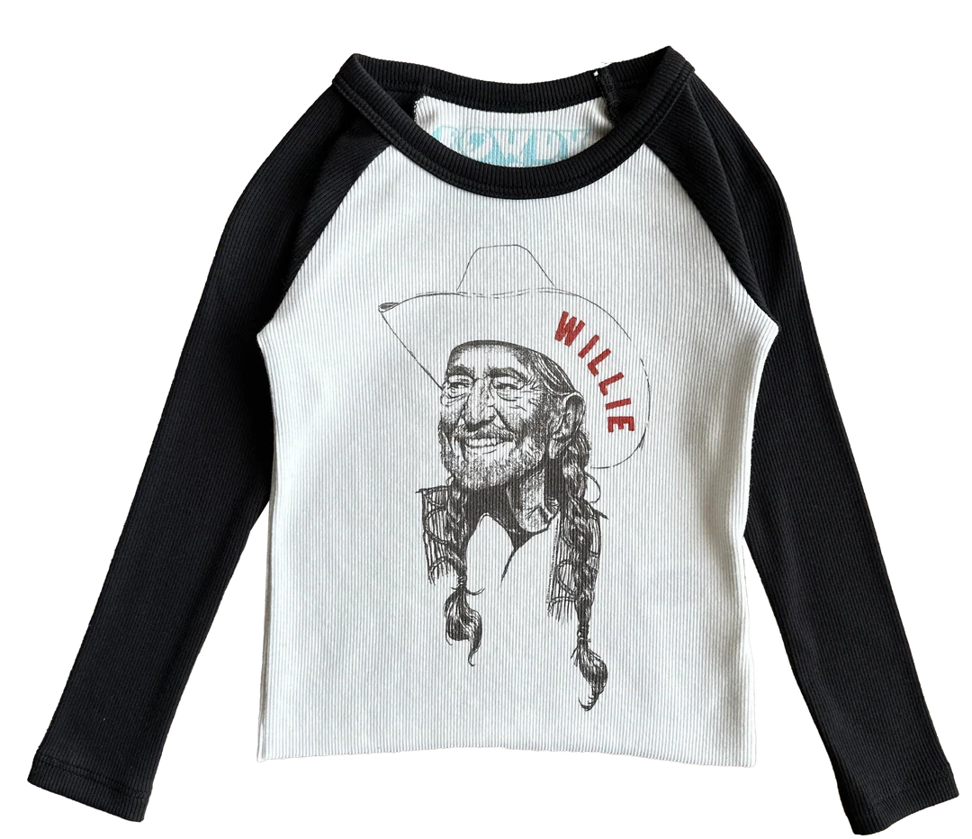 ROWDY SPROUT: WILLIE NELSON SKETCH RIBBED RAGLAN - VINTAGE WHITE / VINTAGE BLACK