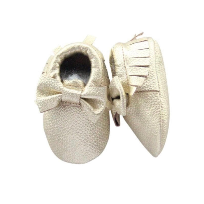 MILA & ROSE: LEATHER BABY MOCCASINS WITH BOW- GOLD
