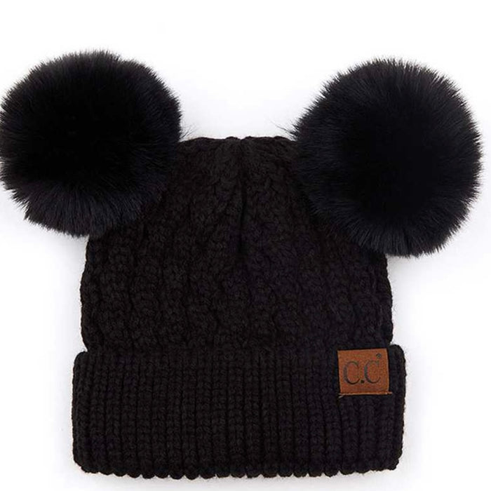 CC DOUBLE POM CABLE PATTERN BEANIE HAT - BLACK WITH BLACK