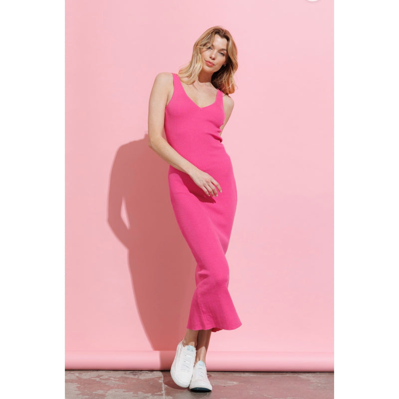 RIBBED KNIT BODYCON DRESS - BUBBLEGUM PINK