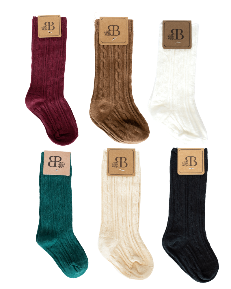 BAILEY’S BLOSSOMS: PEPPER KNEE-HIGH CABLE KNIT SOCKS - CAMEL