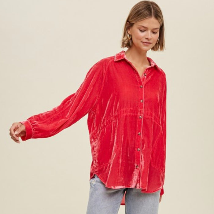 OVERSIZED CRUSHED VELVET SHIRT WITH SIDE POCKETS - FUCHSIA