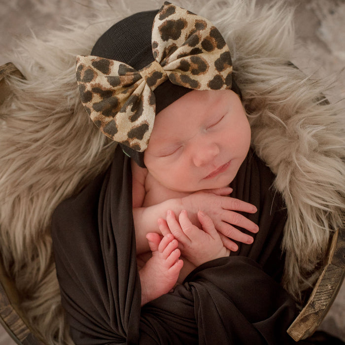 ILYBEAN:  LEOPARD BOW BABY NEWBORN GIRL HOSPITAL HAT - BLACK HAT WITH LEOPARD FABRIC BOW