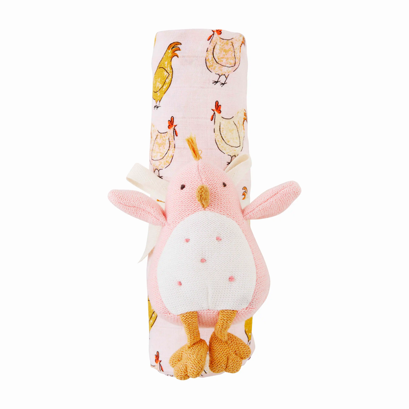 MUD PIE: CHICKEN SWADDLE BLANKET AND RATTLE SET
