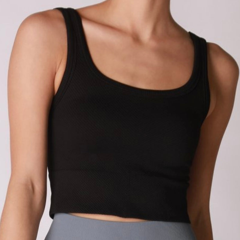 CHEVRON RIBBED CROP TOP - BLACK