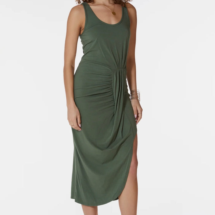 BOBI: TANK DRESS WITH PLEATED ASYMMETRICAL SKIRT - BASIL