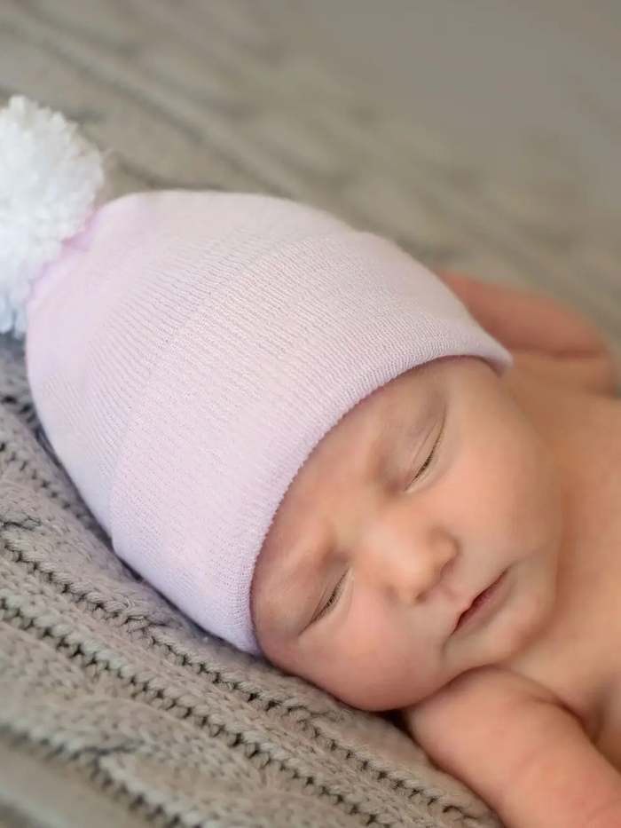 ILYBEAN: PINK HAT WITH WHITE POM POM NEWBORN GIRL HOSPITAL HAT