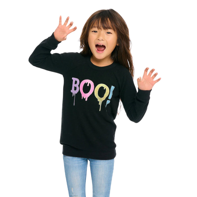 CHASER: BLACK LONG SLEEVE KNIT “BOO!” PULLOVER