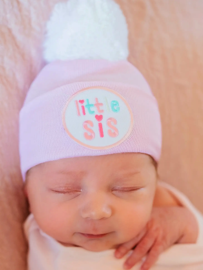 ILYBEAN: LITTLE SIS PINK WITH WHITE POM POM NEWBORN GIRL HOSPITAL HAT